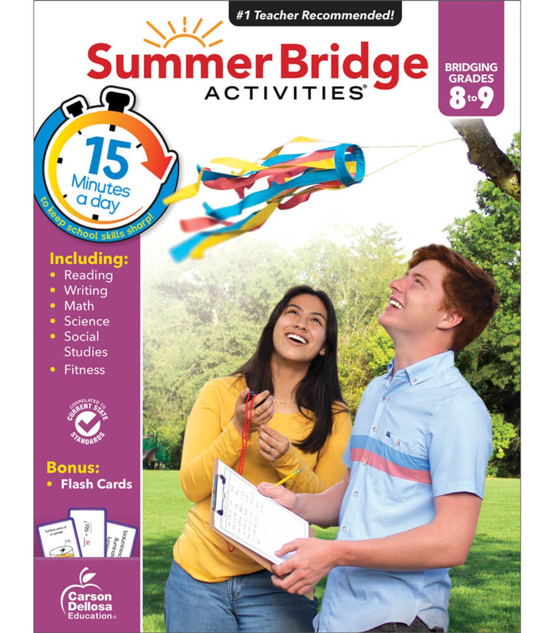 Summer Bridge Activities 8th to 9th Grade Workbooks All Subjects, Middle School Books With Math, Reading Comprehension, Science, Fitness, Social Studies, Writing Practice, and Flash Cards